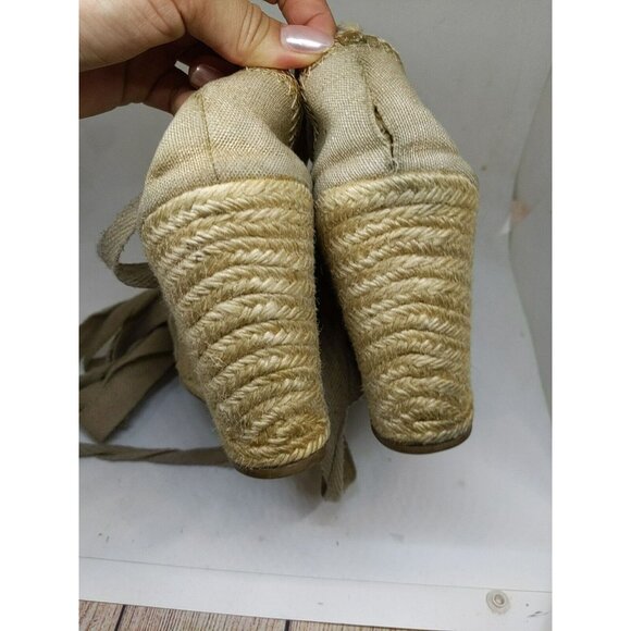 Tory Burch Brown Canvas Tie Wrap Espadrille Wedge Heels Size 9 FLAWED - Picture 15 of 16